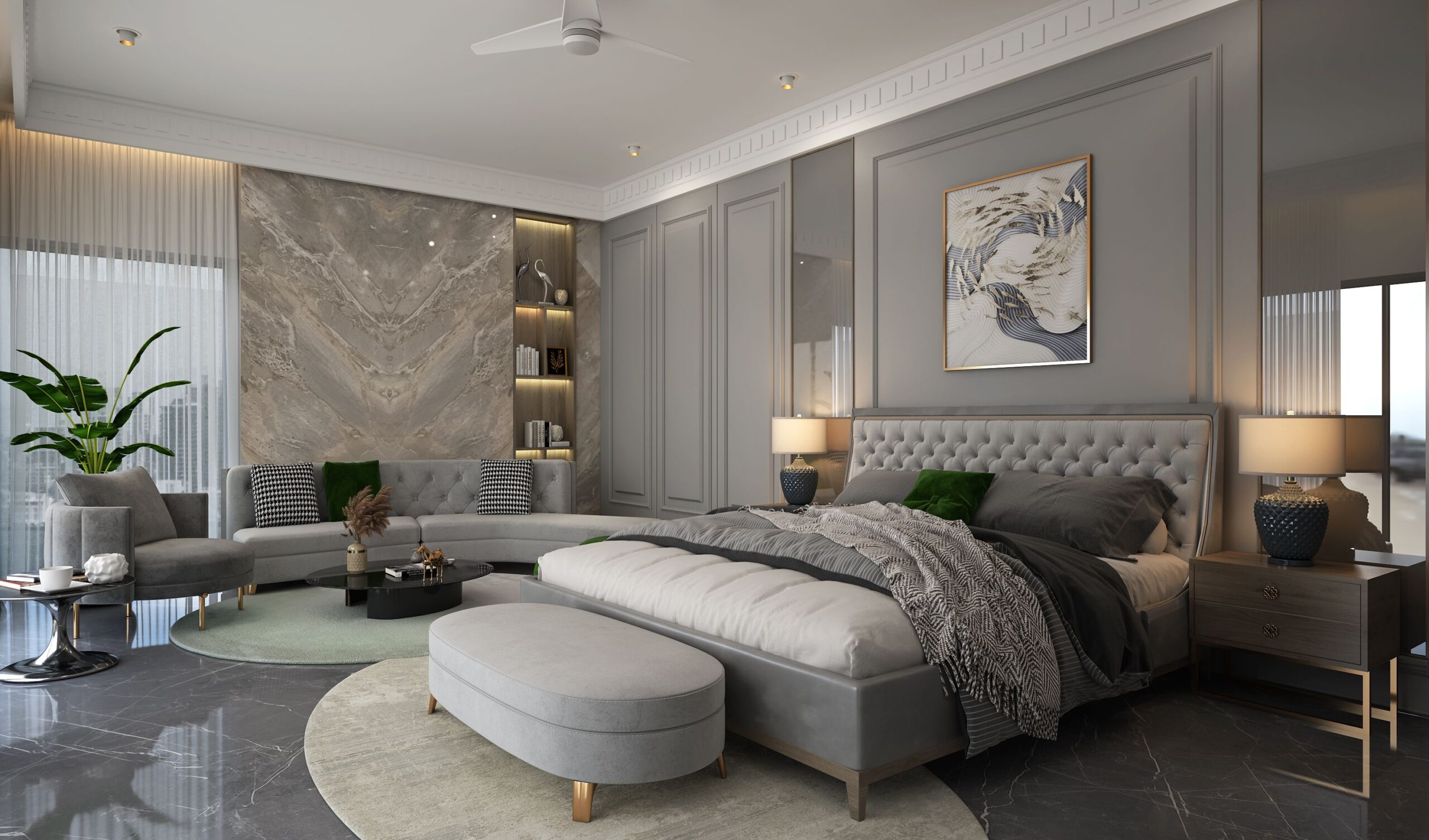 Modern luxury master bedroom showcasing premium bedroom interior design services by InfraLuxury.