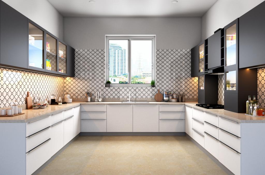 Sleek contemporary modular kitchen design featuring a modern tile backsplash and premium cabinetry, designed by a leading interior design company in Kolkata.