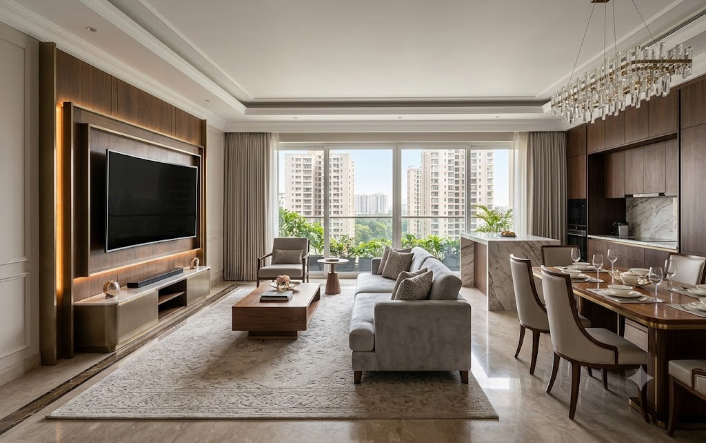 Modern luxury living room and dining area designed by the best interior designers in Kolkata - InfraLuxury.