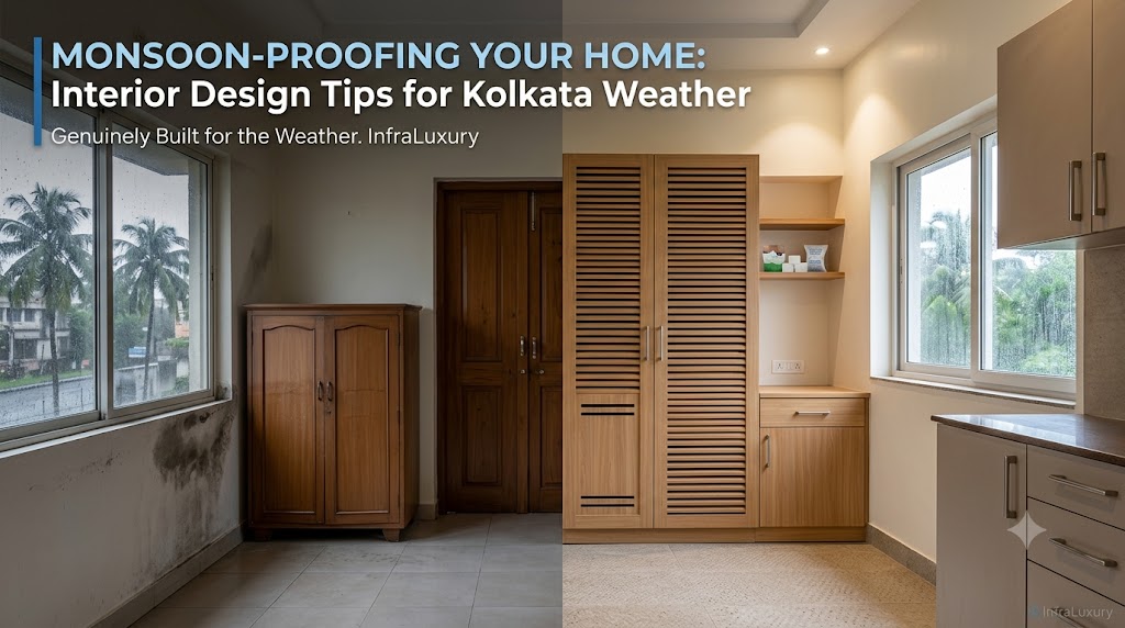 Split-screen comparison showing a damp room with water-stained walls and old wooden cabinets on the left, contrasting with a modern, moisture-resistant kitchen featuring light wood louvered cabinets and a clean window on the right. The image includes text overlay: "MONSOON-PROOFING YOUR HOME: Interior Design Tips for Kolkata Weather."