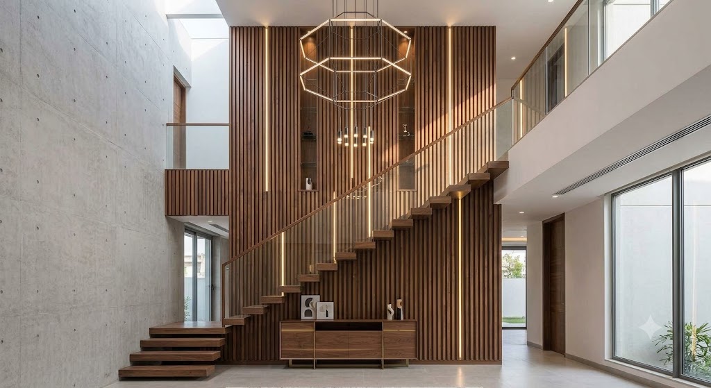 Double-height modern architectural space with a floating wooden staircase, featuring custom vertical timber slat wall paneling and a bespoke low-profile walnut furniture console by InfraLuxury.